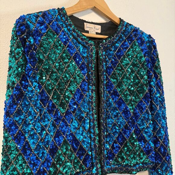 Laurence Kazar Vintage Blue & Green Sequin Silk Jacket Size XL - Picture 1 of 9
